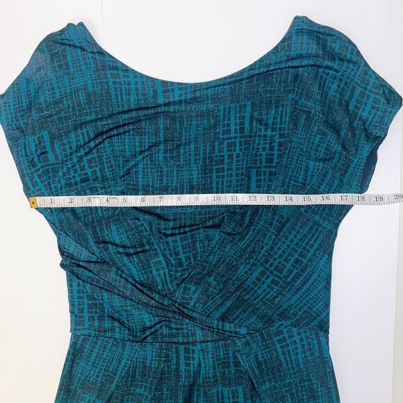 MAX MARA Teal Jersey Draped Gathered Waist Faux Wrap Dress Black Geo Print US 6 - Picture 7 of 13
